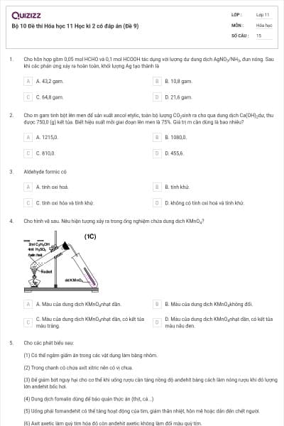 Bộ 10 Đề thi Hóa học 11 Học kì 2 có đáp án  (Đề 9)