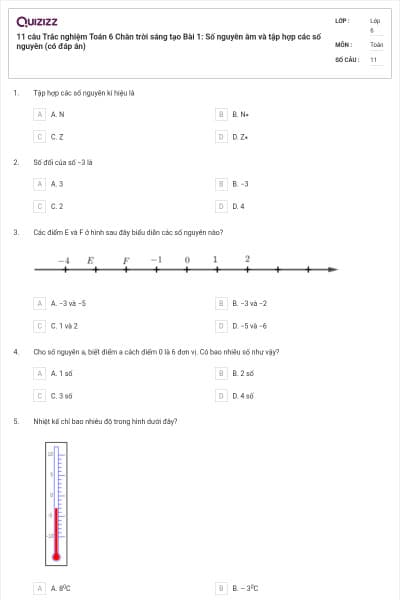 11 câu Trắc nghiệm Toán 6 Chân trời sáng tạo Bài 1: Số nguyên âm và tập hợp các số nguyên (có đáp án)