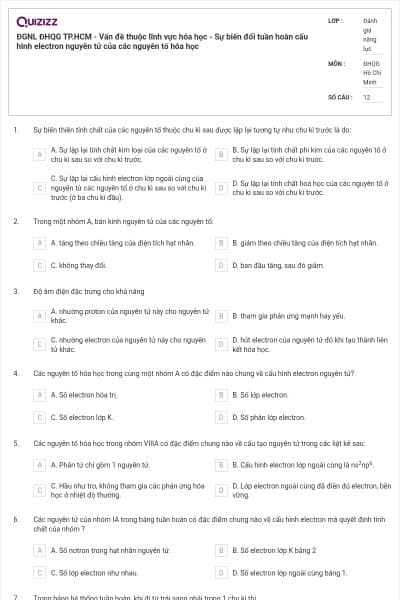 ĐGNL ĐHQG TP.HCM - Vấn đề thuộc lĩnh vực hóa học - Sự biến đổi tuần hoàn cấu hình electron nguyên tử của các nguyên tố hóa học