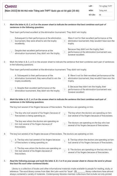 [Năm 2022] Đề thi thử môn Tiếng anh THPT Quốc gia có lời giải (20 đề)