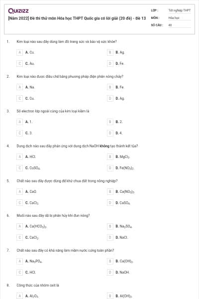 [Năm 2022] Đề thi thử môn Hóa học THPT Quốc gia có lời giải (20 đề) - Đề 13