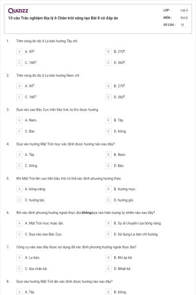 10 câu Trắc nghiệm Địa lý 6 Chân trời sáng tạo Bài 8 có đáp án