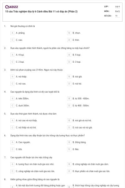 15 câu Trắc nghiệm Địa lý 6 Cánh diều Bài 11 có đáp án (Phần 2)