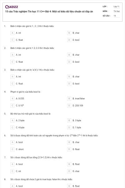 15 câu  Trắc nghiệm Tin học 11 C++ Bài 4: Một số kiểu dữ liệu chuẩn có đáp án