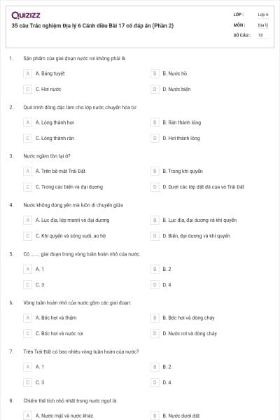 35 câu Trắc nghiệm Địa lý 6 Cánh diều Bài 17 có đáp án (Phần 2)