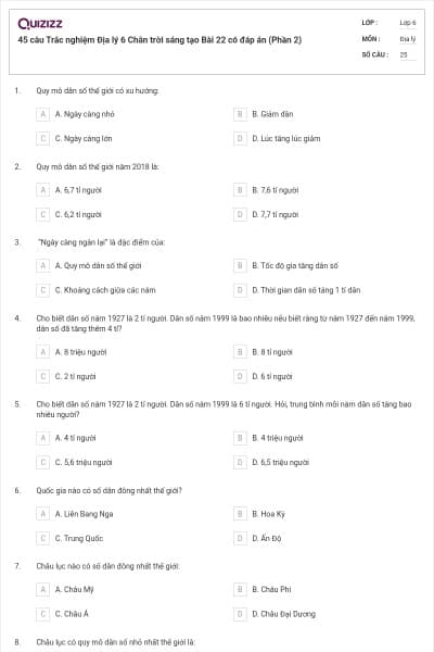 45 câu Trắc nghiệm Địa lý 6 Chân trời sáng tạo Bài 22 có đáp án (Phần 2)