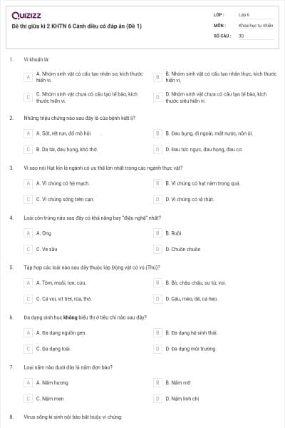 Đề thi giữa kì 2 KHTN 6 Cánh diều có đáp án (Đề 1)