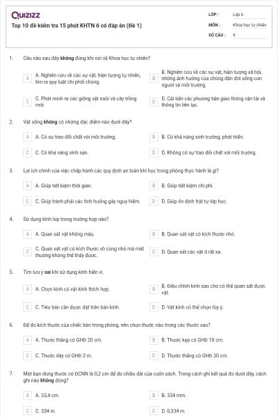 Top 10 đề kiểm tra 15 phút KHTN 6 có đáp án (Đề 1)