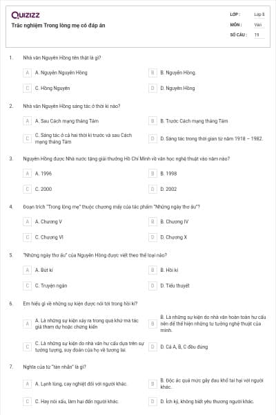 Trắc nghiệm Trong lòng mẹ có đáp án