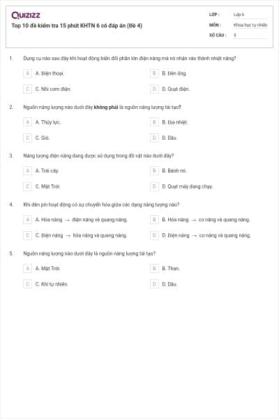Top 10 đề kiểm tra 15 phút KHTN 6 có đáp án (Đề 4)