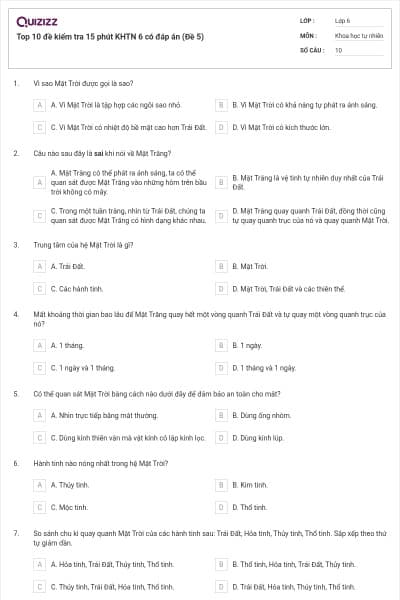 Top 10 đề kiểm tra 15 phút KHTN 6 có đáp án (Đề 5)