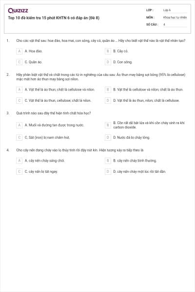 Top 10 đề kiểm tra 15 phút KHTN 6 có đáp án (Đề 8)