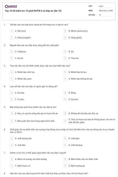 Top 10 đề kiểm tra 15 phút KHTN 6 có đáp án (Đề 10)