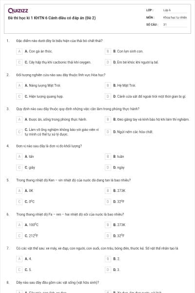 Đề thi học kì 1 KHTN 6 Cánh diều có đáp án (Đề 2)