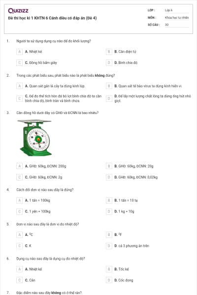 Đề thi học kì 1 KHTN 6 Cánh diều có đáp án (Đề 4)