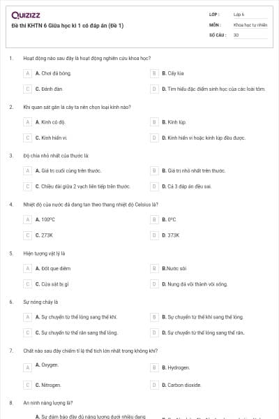 Đề thi KHTN 6 Giữa học kì 1 có đáp án (Đề 1)