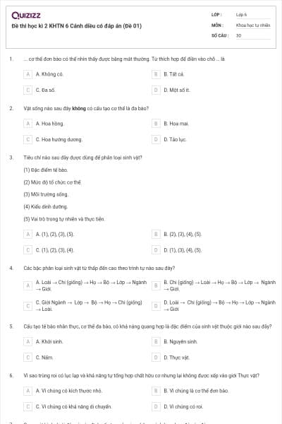 Đề thi học kì 2 KHTN 6 Cánh diều có đáp án (Đề 01)