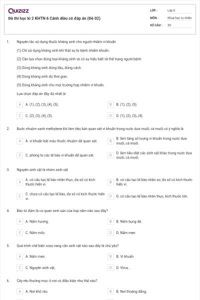 Đề thi học kì 2 KHTN 6 Cánh diều có đáp án (Đề 02)