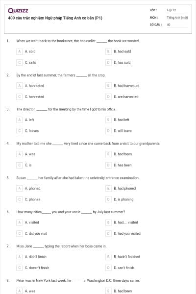 400 câu trắc nghiệm Ngữ pháp Tiếng Anh cơ bản (P1)