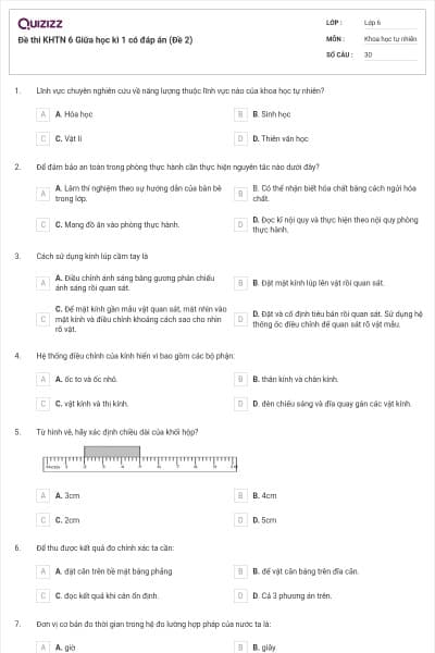 Đề thi KHTN 6 Giữa học kì 1 có đáp án (Đề 2)