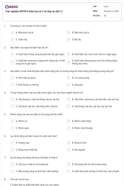 Trắc nghiệm KHTN 6 Giữa học kì 2 có đáp án (Đề 1)