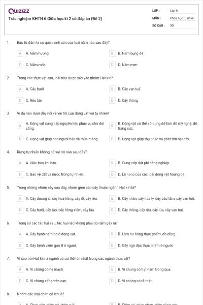 Trắc nghiệm KHTN 6 Giữa học kì 2 có đáp án (Đề 2)