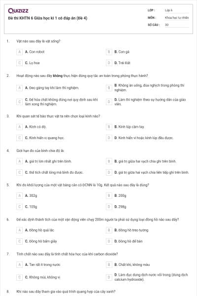 Đề thi KHTN 6 Giữa học kì 1 có đáp án (Đề 4)