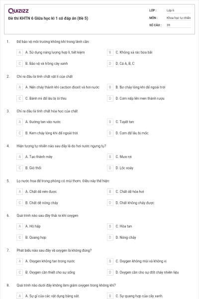 Đề thi KHTN 6 Giữa học kì 1 có đáp án (Đề 5)