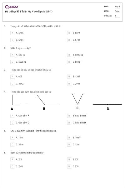 Đề thi học kì 1 Toán lớp 4 có đáp án (Đề 1)