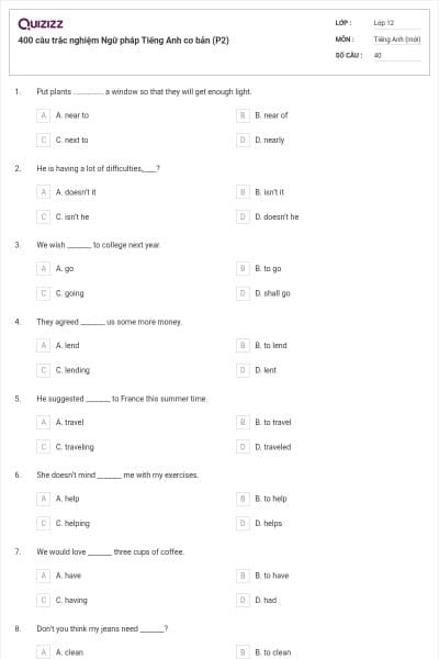 400 câu trắc nghiệm Ngữ pháp Tiếng Anh cơ bản (P2)