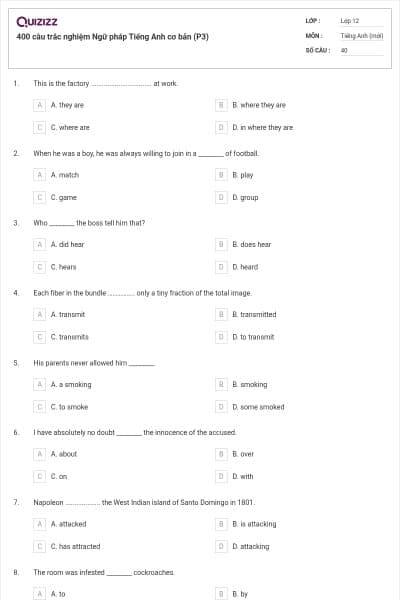 400 câu trắc nghiệm Ngữ pháp Tiếng Anh cơ bản (P3)