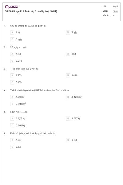30 Đề thi học kì 2 Toán lớp 5 có đáp án ( đề 01)