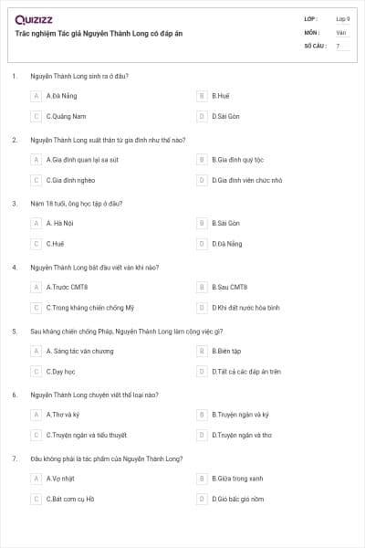 Trắc nghiệm Tác giả Nguyễn Thành Long có đáp án