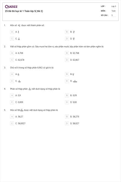 25 Đề thi học kì 1 Toán lớp 5( Đề 2)