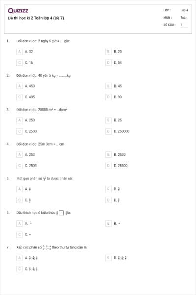 Đề thi học kì 2 Toán lớp 4 (Đề 7)