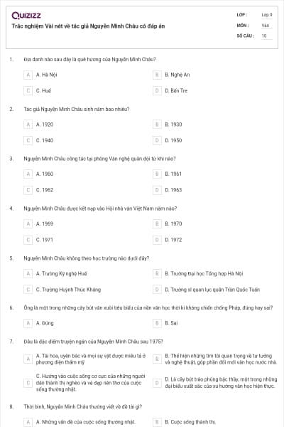 Trắc nghiệm Vài nét về tác giả Nguyễn Minh Châu có đáp án