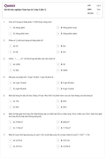 Đề thi trắc nghiệm Toán học kì 2 lớp 5 (Đề 1)