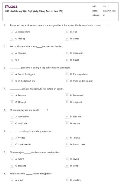 400 câu trắc nghiệm Ngữ pháp Tiếng Anh cơ bản (P4)