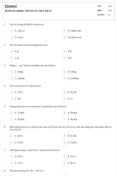 Đề thi trắc nghiệm Toán học kì 2 lớp 5 (Đề 2)