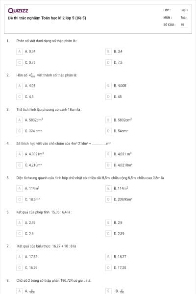 Đề thi trắc nghiệm Toán học kì 2 lớp 5 (Đề 5)