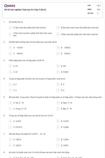 Đề thi trắc nghiệm Toán học kì 2 lớp 5 (Đề 6)