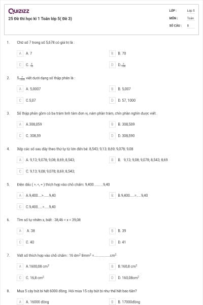 25 Đề thi học kì 1 Toán lớp 5( Đề 3)