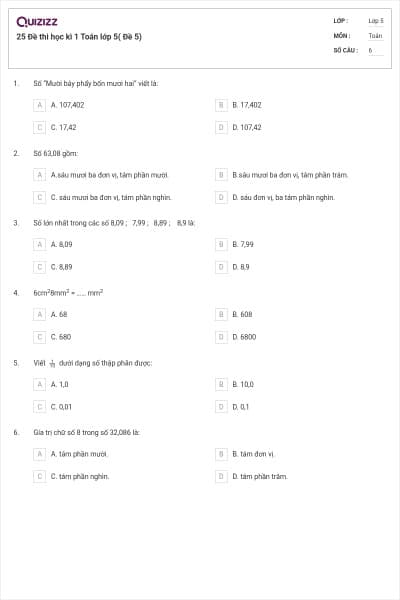 25 Đề thi học kì 1 Toán lớp 5( Đề 5)