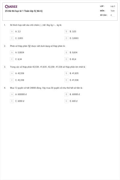 25 Đề thi học kì 1 Toán lớp 5( Đề 6)
