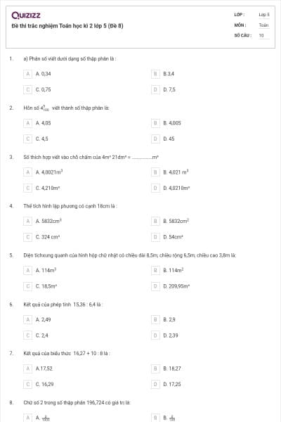 Đề thi trắc nghiệm Toán học kì 2 lớp 5 (Đề 8)