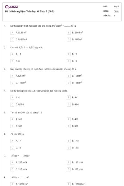 Đề thi trắc nghiệm Toán học kì 2 lớp 5 (Đề 9)
