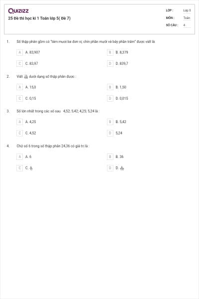 25 Đề thi học kì 1 Toán lớp 5( Đề 7)