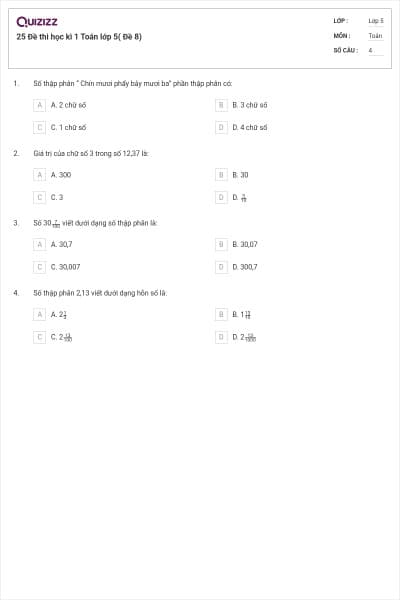 25 Đề thi học kì 1 Toán lớp 5( Đề 8)