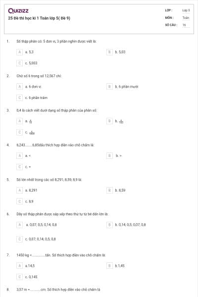 25 Đề thi học kì 1 Toán lớp 5( Đề 9)