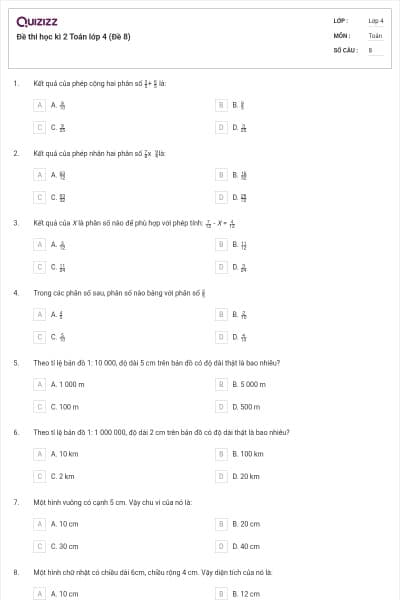 Đề thi học kì 2 Toán lớp 4 (Đề 8)